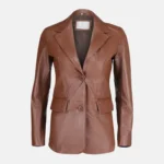 Amelia Women’s Brown Two Button Leather Blazer Jacket with Notch Collar