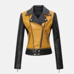 Amelia Women’s Yellow Double Rider Biker Leather Jacket with Zippers