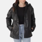 Ava Women’s Black Hooded Leather Jacket with Ribbed Cuffs