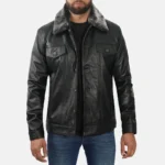 Blake Men’s Black Trucker Leather Jacket with Faux Fur Collar