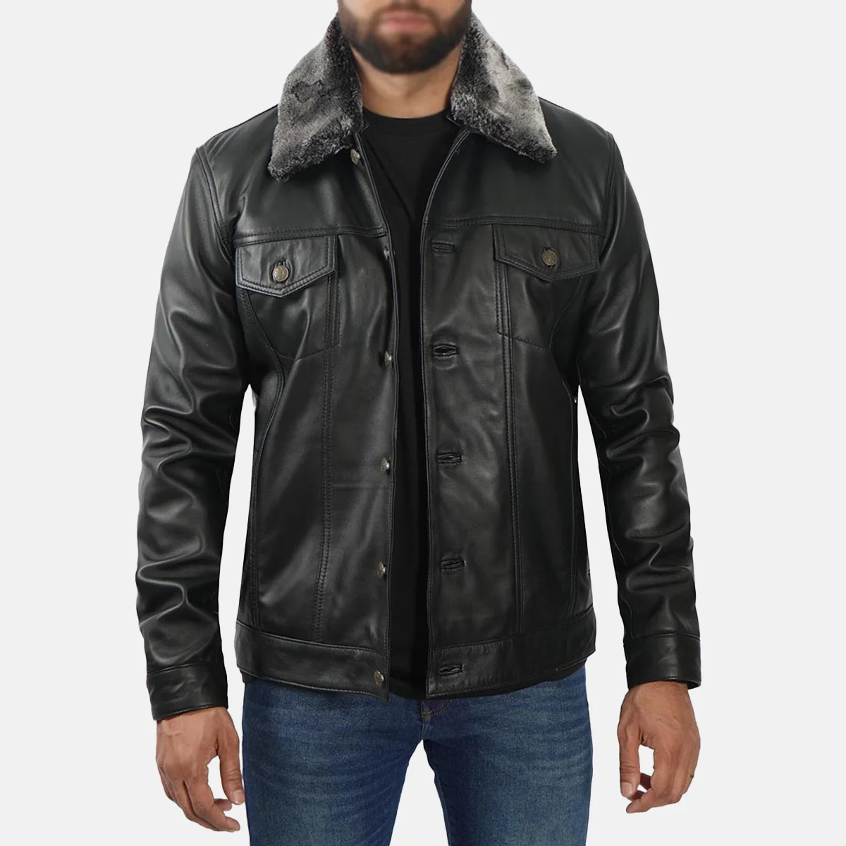 Blake-Mens-Black-Trucker-Leather-Jacket-with-Faux-Fur-Collar-3.webp Blake Men’s Black Trucker Leather Jacket with Faux Fur Collar - Image 1