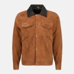 Brayden Men’s Cognac Suede Leather Trucker Jacket with Button Closure