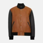 Carter Men’s Brown and Black Leather Varsity Jacket with Ribbed Cuffs
