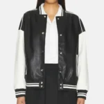Charlotte Women’s Black and White Leather Varsity Jacket with Logo