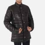 Eli Men’s Black Leather Puffer Jacket with Adjustable Waist