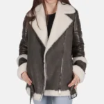 Harper Women’s Grey B-3 Bomber Leather Jacket with Faux Fur Collar