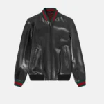 Hunter Men’s Black Bomber Leather Jacket with Zip Closure