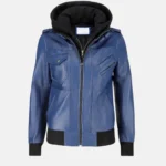 Isabella Women’s Blue Leather Bomber Jacket with Removable Hoodie