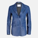Isabelle Women’s Blue Two Button Leather Blazer Jacket with Pockets