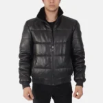 Jacob Men’s Black Leather Puffer Jacket for Cold Weather