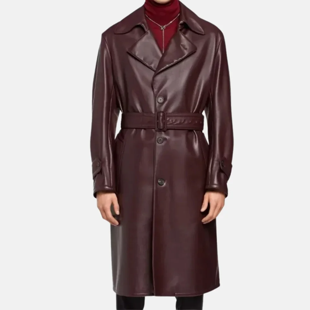 Jude-Mens-Burgundy-Leather-Trench-Coat-for-Fashionable-Look-2.webp Jude Men’s Burgundy Leather Trench Coat for Fashionable Look - Image 1