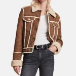 Lily Women’s Tan Shearling Leather Trucker Jacket with Button Detail