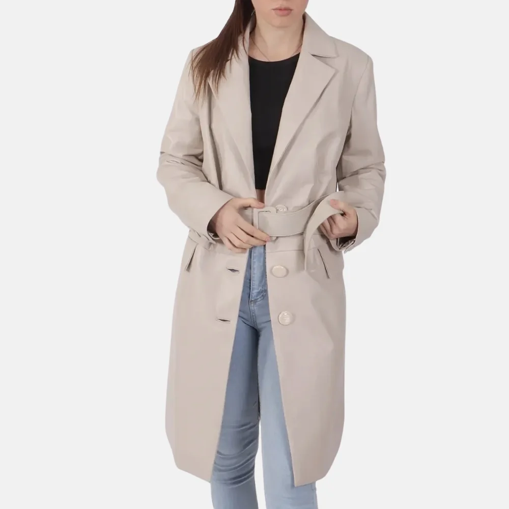 Madeline-Womens-Off-White-Leather-Trench-Coat-with-Classic-Design-2.webp Madeline Women’s Off White Leather Trench Coat with Classic Design - Image 1