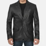 Maverick Men’s Black Leather Blazer with Single-Breasted Design