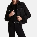 Megan Women’s Black Trucker Shearling Leather Jacket with Fleece Lining