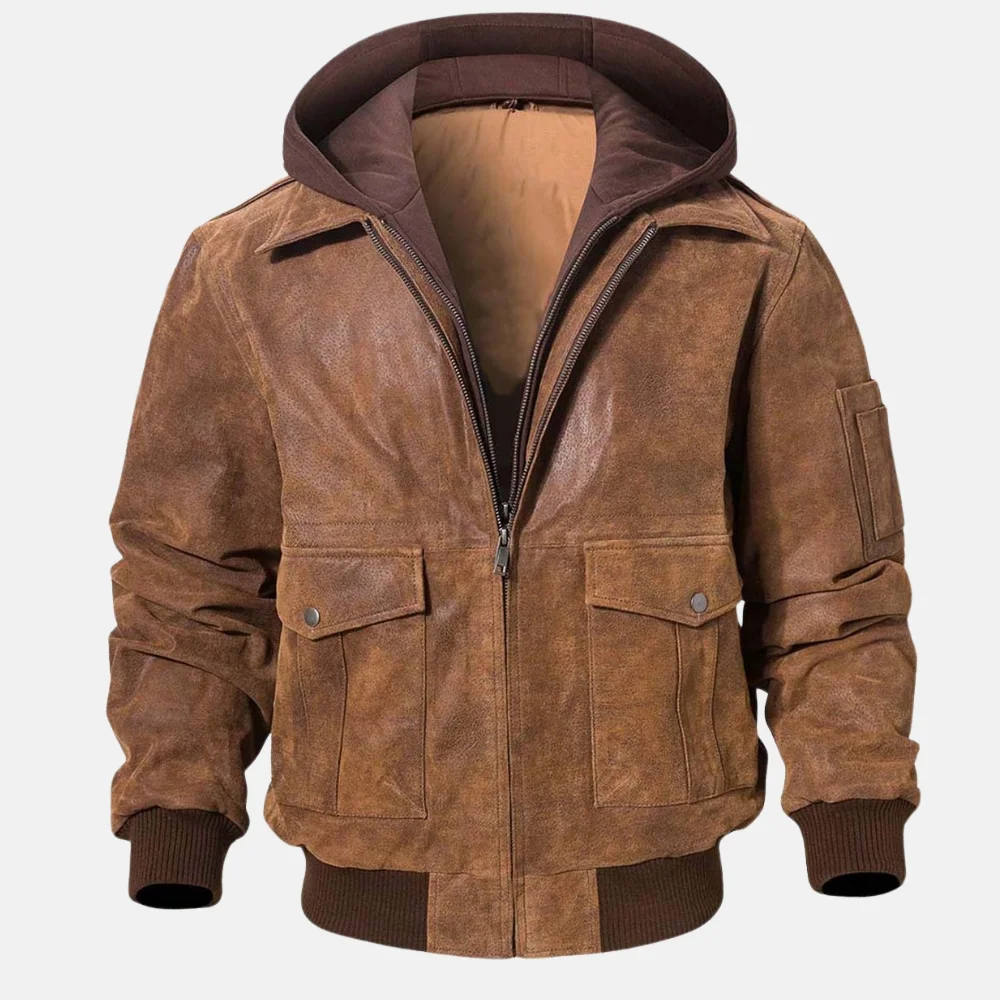 Miles-Mens-Brown-Bomber-Hooded-Leather-Jacket-with-Zipper-Closure-2.webp Miles Men’s Brown Bomber Hooded Leather Jacket with Zipper Closure - Image 1