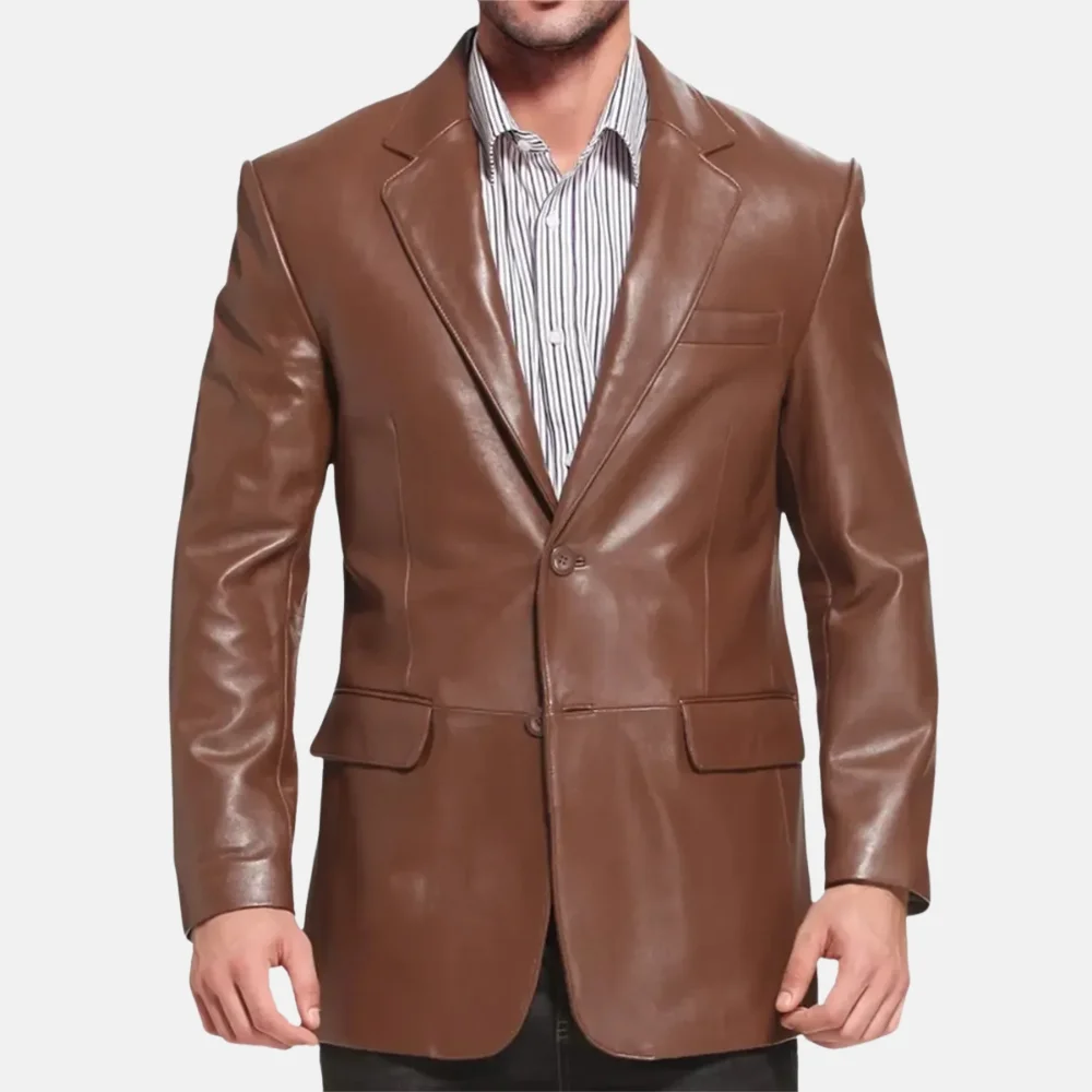 Preston-Mens-Classic-Brown-Leather-Blazer-with-Notch-Collar-1.webp Preston Men’s Classic Brown Leather Blazer with Notch Collar - Image 1