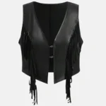 Ruby Women’s Western Style Black Leather Vest with Fringe Detailing