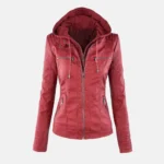 Sophia Women’s Red Detachable Hooded Leather Jacket for Versatile Wear