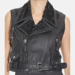 Sophie Women’s Punk Black Studded Biker Leather Vest with Zippers