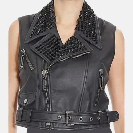 Sophie Women’s Punk Black Studded Biker Leather Vest with Zippers