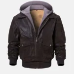 Tyson Men’s Dark Brown Bomber Hooded Leather Jacket for Travel