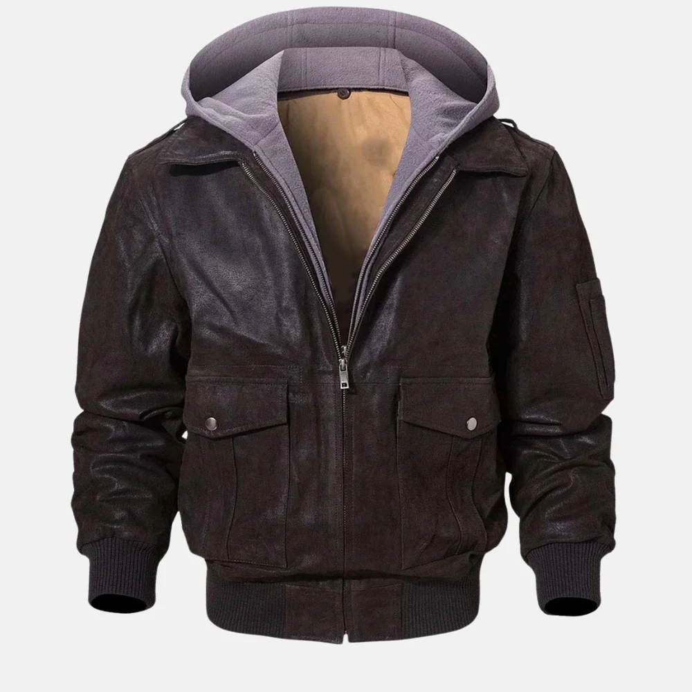 Tyson-Mens-Dark-Brown-Bomber-Hooded-Leather-Jacket-for-Travel-1.webp Tyson Men’s Dark Brown Bomber Hooded Leather Jacket for Travel - Image 1