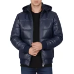 Cart Men’s Blue Hooded Puffer Leather Jacket