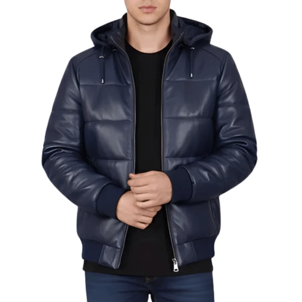 Untitled-design-14-13.webp Cart Men’s Blue Hooded Puffer Leather Jacket - Image 1