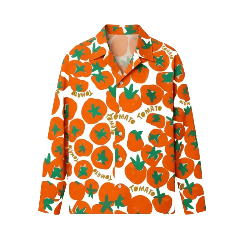 Untitled-design-19-5.webp The Great British Bake Off Noel Fielding Tomato Printed Orange Shirt - Image 1