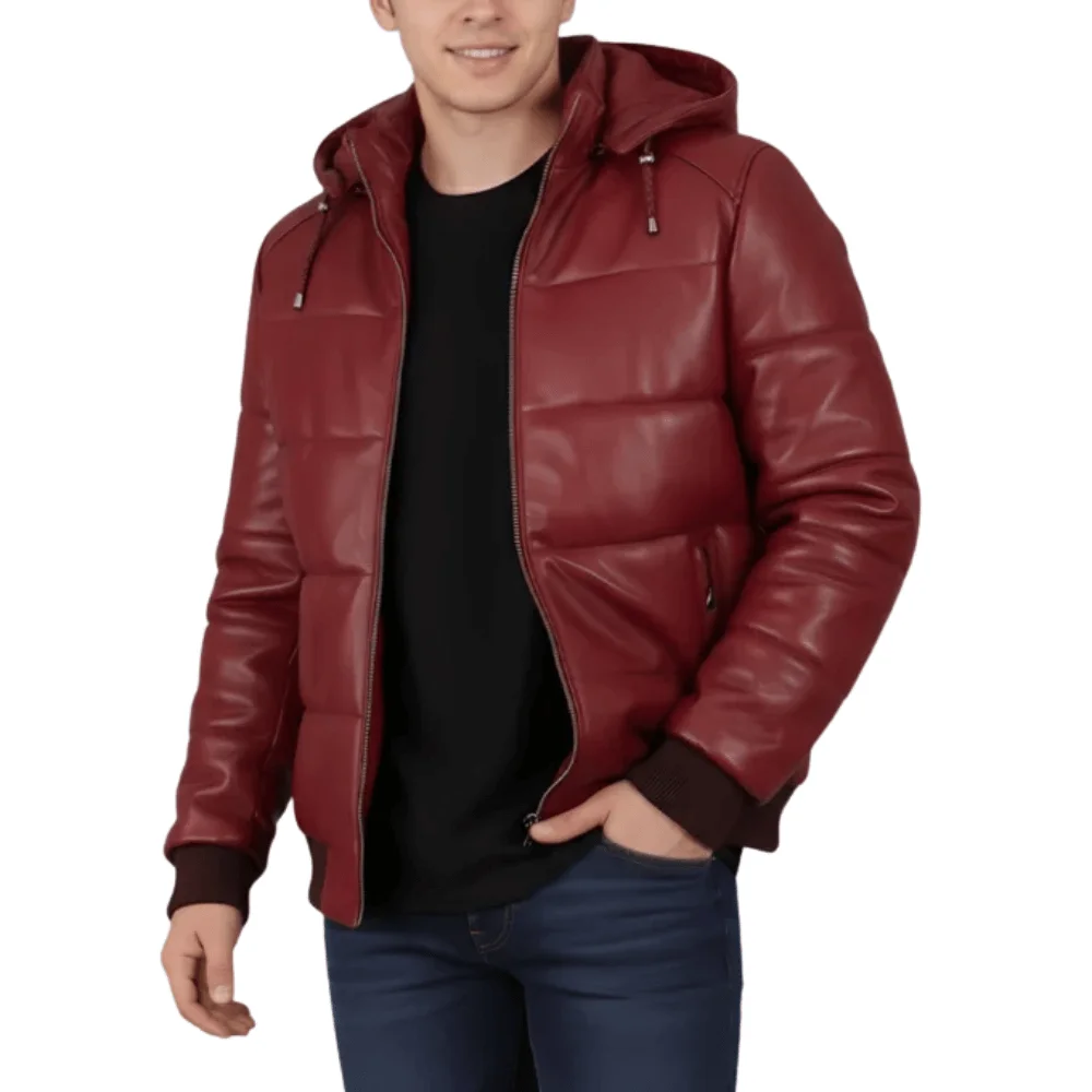 Untitled-design-2-3.webp Cart Men’s Maroon Hooded Puffer Leather Jacket - Image 1
