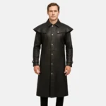 Zachary Men’s Black Leather Duster Coat with Double-Breasted Design